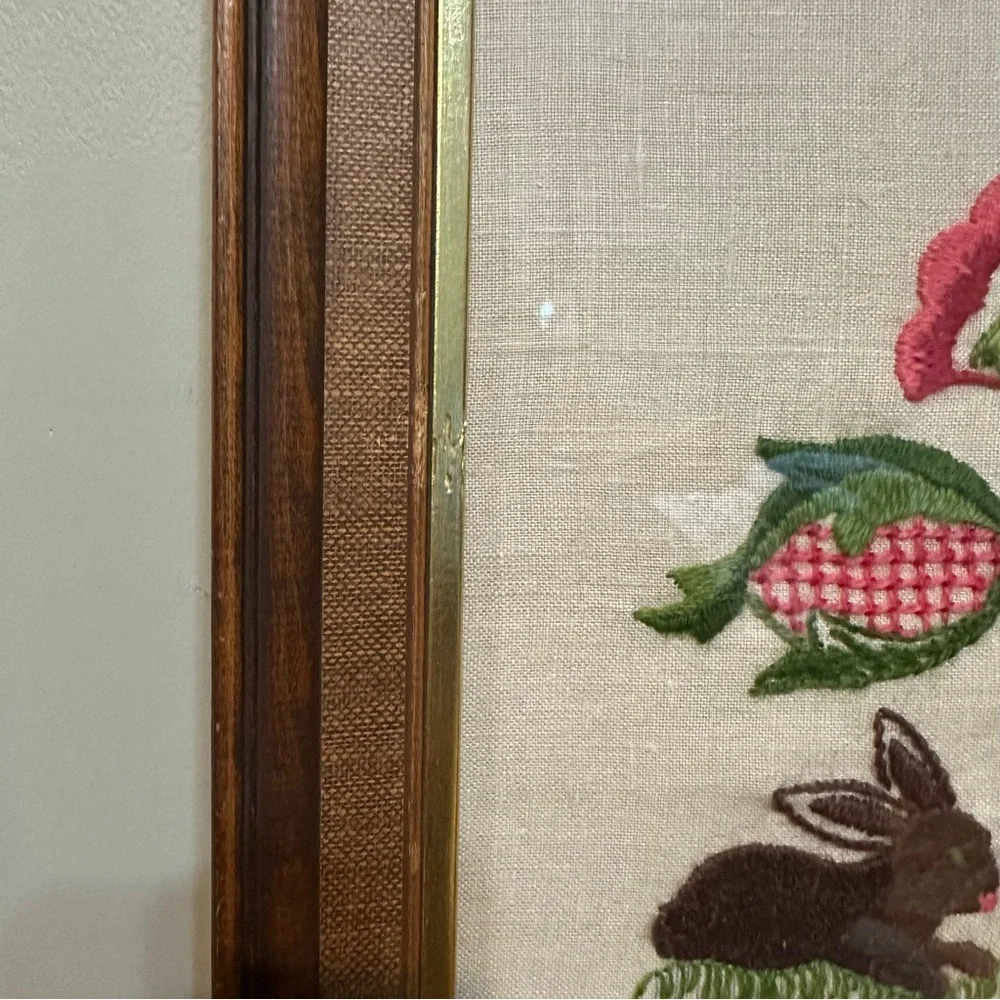 Vintage framed bunny rabbit with flowers crewel embroidery picture